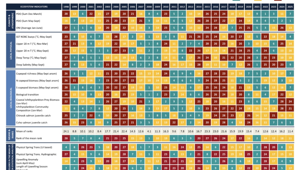 Color-coded table of ecosystem indicators by year (1998–2025), grouped into climate & atmospheric, local physical, local biological, and means/ranks; each cell shows a numeric value.