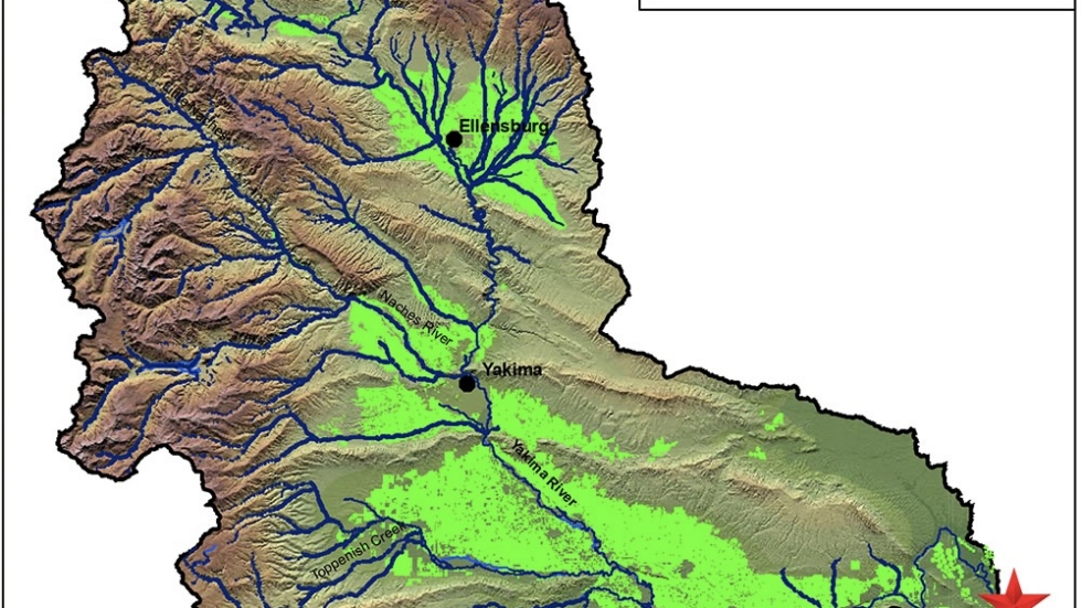 Topographic map of Washington's Yakima Basin showing blue rivers, green floodplains, and towns Ellensburg, Yakima, Prosser; red star marks the site; inset shows Washington state.