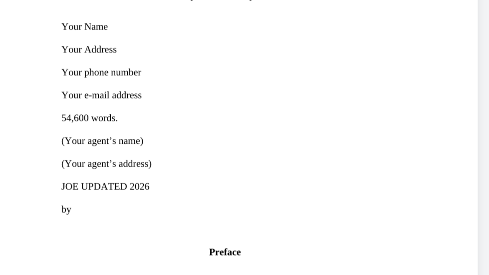 Manuscript title page: centered 'JOE' by Dr. Donna Hyatt, with placeholders 'Your Name', 'Your Address', 'Your phone number', 'Your e-mail address', and 'JOE UPDATED 2026'.