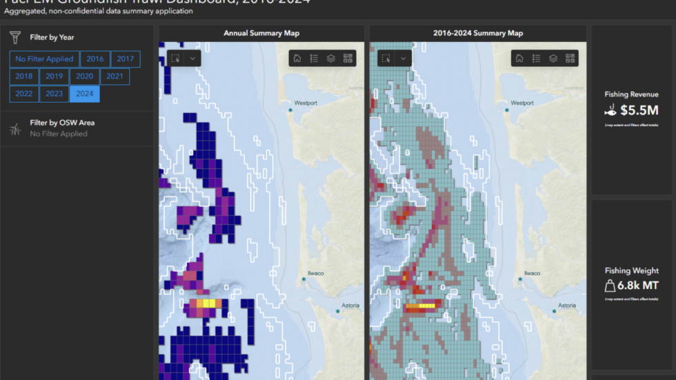 Dashboard titled PacFEM Groundfish Trawl Dashboard, 2016–2024, with year filters on the left and two map panels showing grid-coded fishing activity; right rail displays revenue and weight metrics.