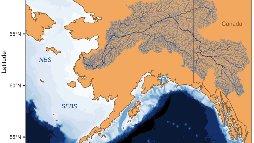 Map of Alaska (USA) and Canada with land in orange and surrounding seas in light blue; coastline and coordinate axes visible